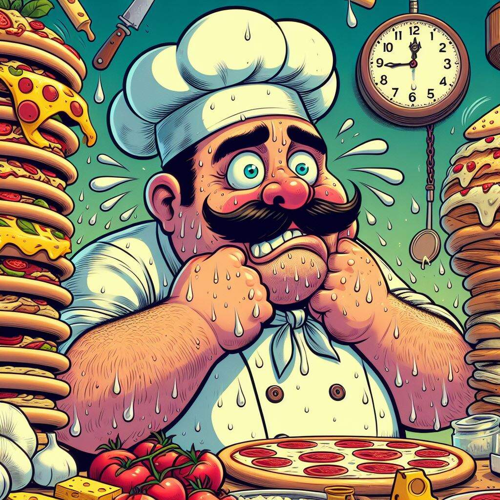 Imagem de um pizzaiolo muito estressado, com um relógio ao fundo.